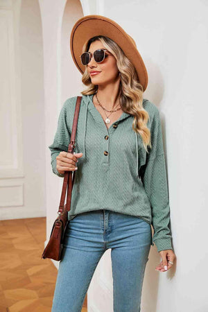 Chilly Stroll Half-Button Dropped Shoulder Hoodie - MXSTUDIO.COM