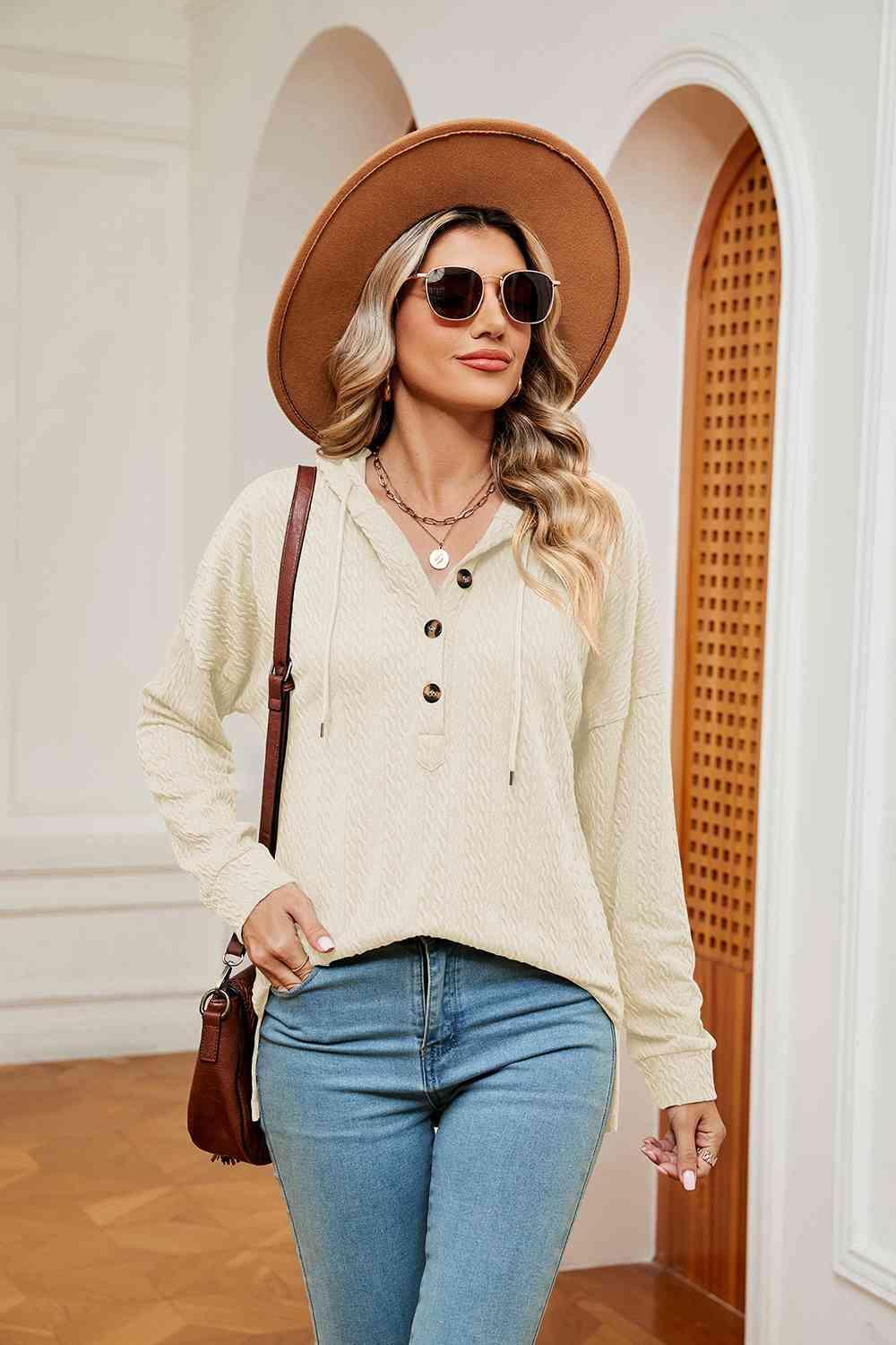 Chilly Stroll Half-Button Dropped Shoulder Hoodie - MXSTUDIO.COM