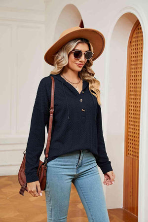 Chilly Stroll Half-Button Dropped Shoulder Hoodie - MXSTUDIO.COM