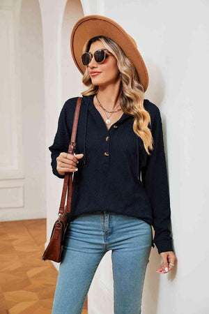 Chilly Stroll Half-Button Dropped Shoulder Hoodie - MXSTUDIO.COM