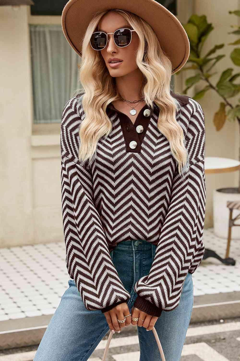 Chilly Stroll Quarter Buttoned Chevron Sweater - MXSTUDIO.COM