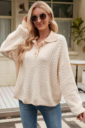 Chilly Stroll Quarter Buttoned Chevron Sweater - MXSTUDIO.COM