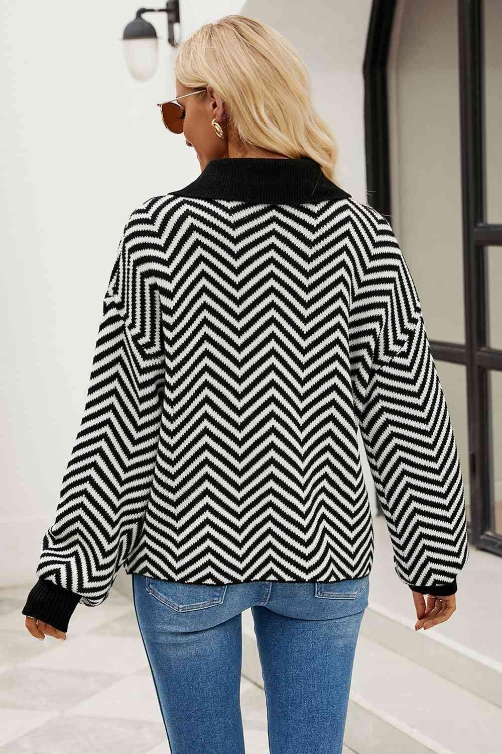 Chilly Stroll Quarter Buttoned Chevron Sweater - MXSTUDIO.COM