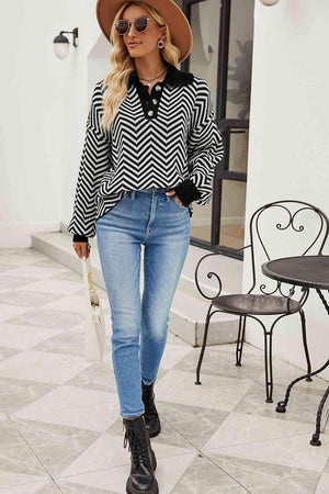 Chilly Stroll Quarter Buttoned Chevron Sweater - MXSTUDIO.COM