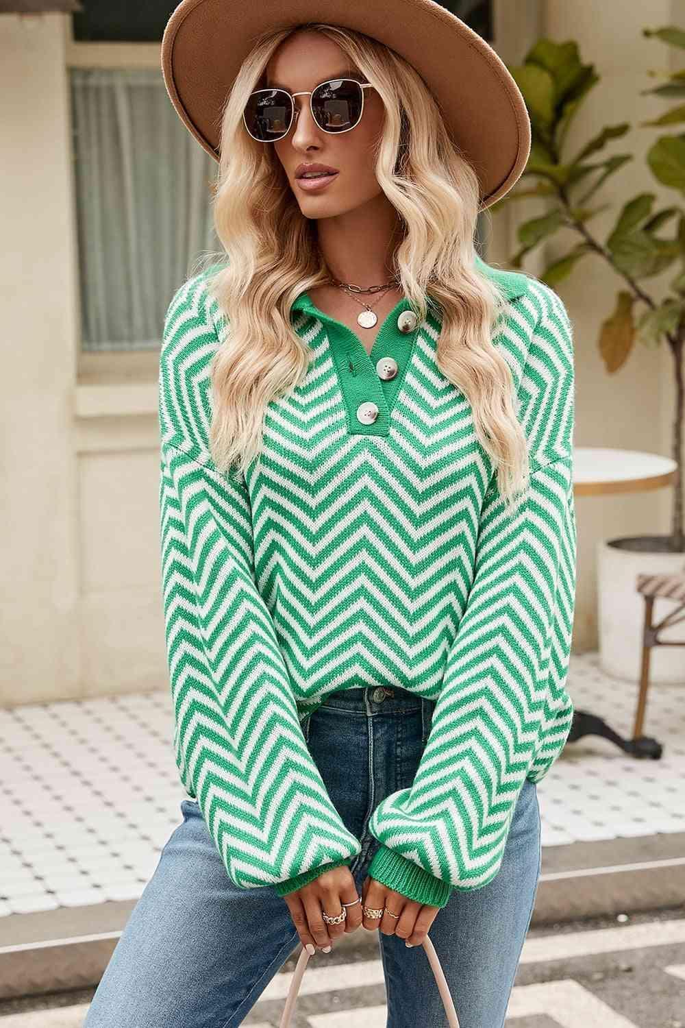 Chilly Stroll Quarter Buttoned Chevron Sweater - MXSTUDIO.COM
