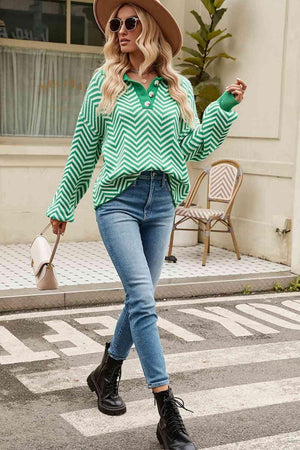 Chilly Stroll Quarter Buttoned Chevron Sweater - MXSTUDIO.COM