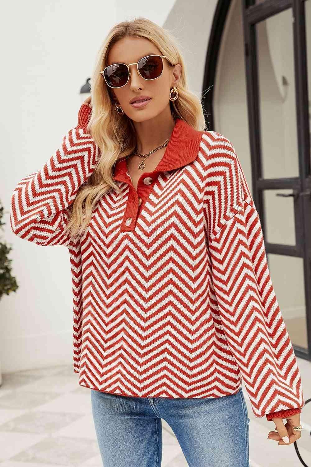 Chilly Stroll Quarter Buttoned Chevron Sweater - MXSTUDIO.COM