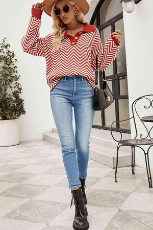 Chilly Stroll Quarter Buttoned Chevron Sweater - MXSTUDIO.COM