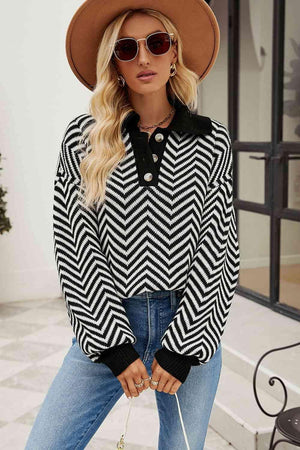 Chilly Stroll Quarter Buttoned Chevron Sweater - MXSTUDIO.COM