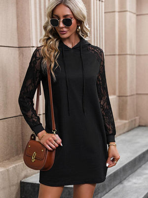 Classy And Secure Lace Long Sleeve Black Hooded Dress - MXSTUDIO.COM