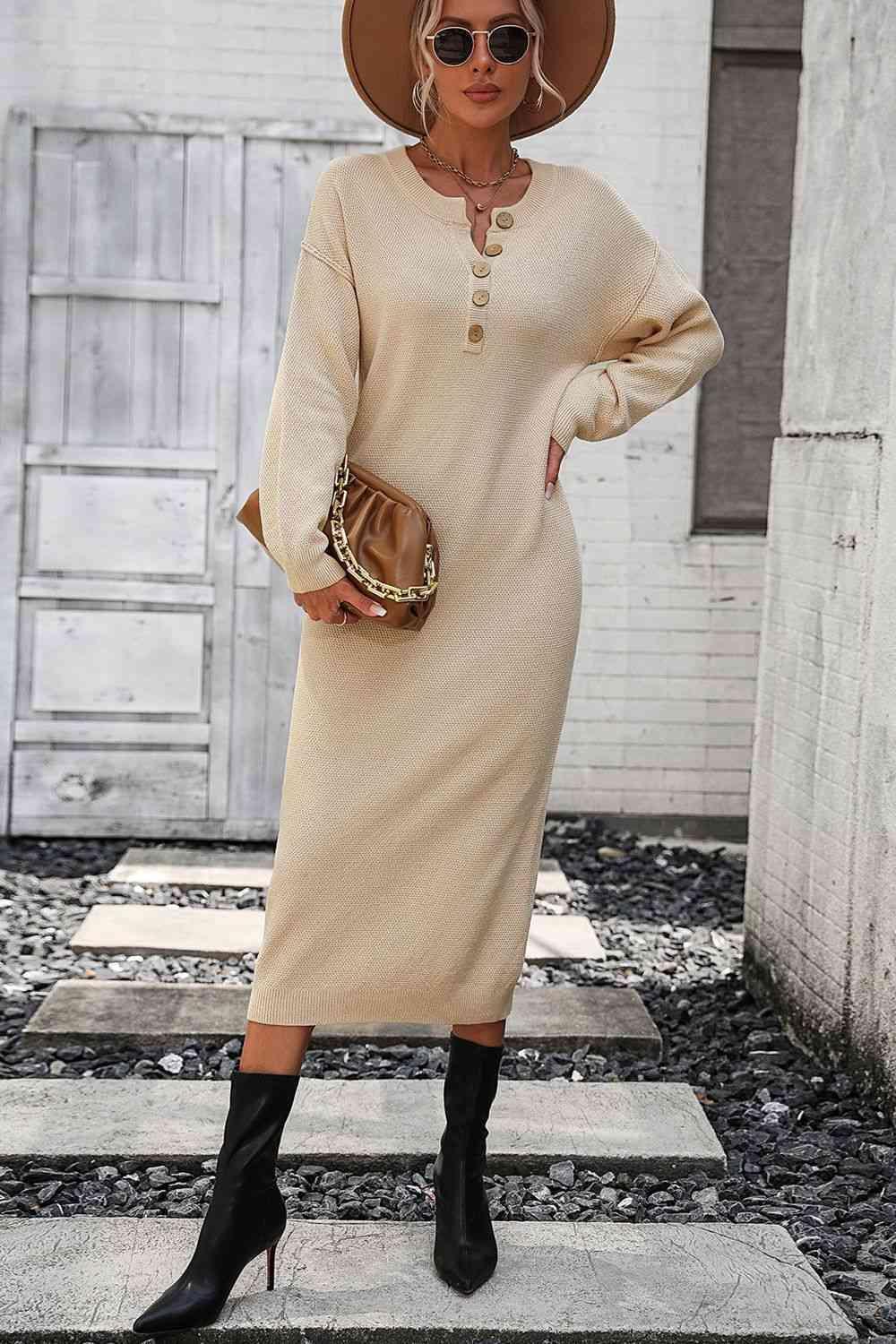 Classy Winter Long Sleeve Midi Sweater Dress - MXSTUDIO.COM
