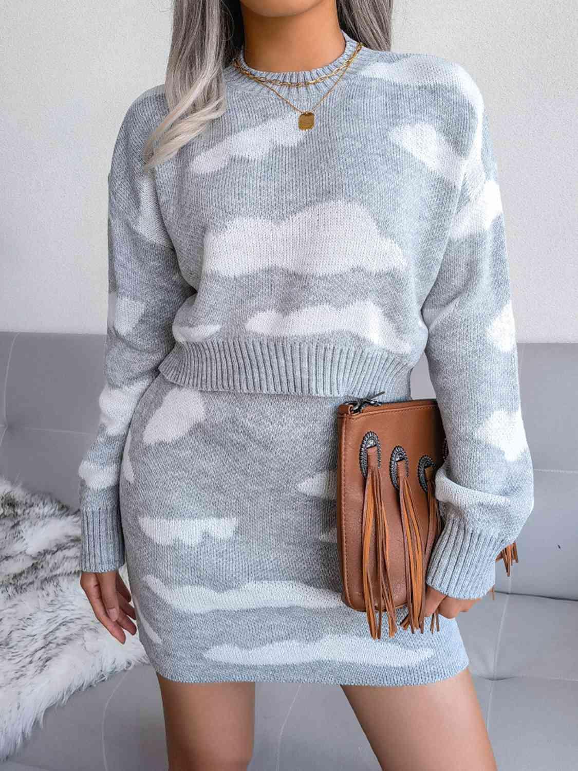 Cloud Print Knitted Sweater and Skirt Set-MXSTUDIO.COM