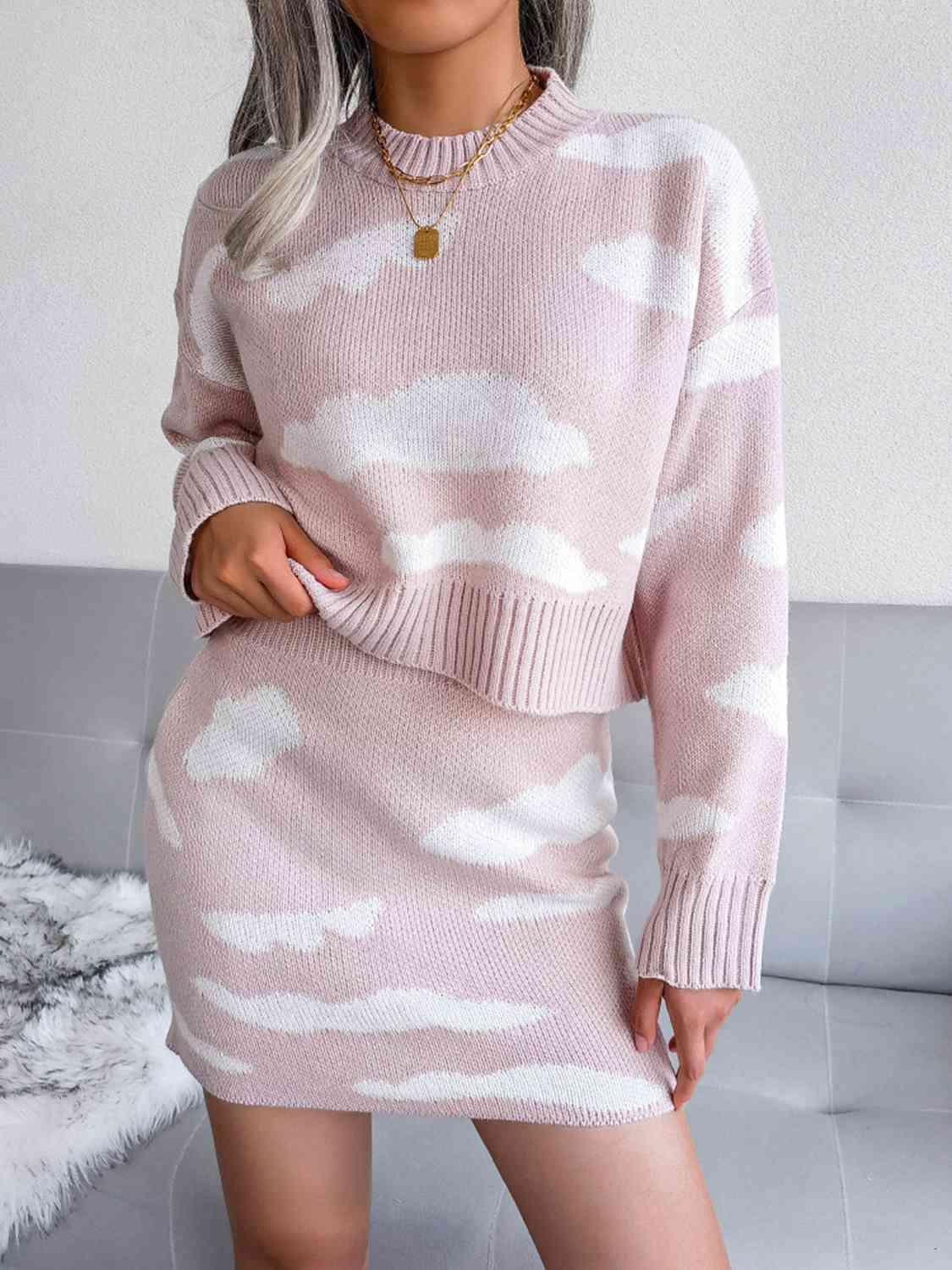 Cloud Print Knitted Sweater and Skirt Set-MXSTUDIO.COM