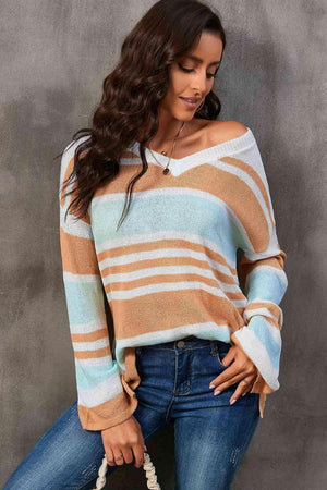 Cold Days Ready Striped Drop Shoulder Sweater - MXSTUDIO.COM