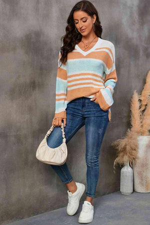 Cold Days Ready Striped Drop Shoulder Sweater - MXSTUDIO.COM
