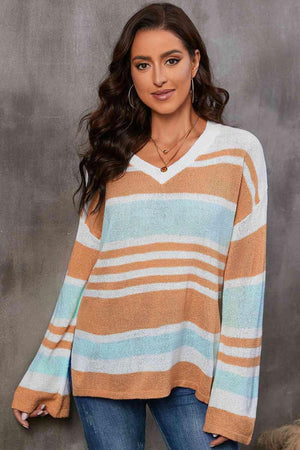 Cold Days Ready Striped Drop Shoulder Sweater - MXSTUDIO.COM