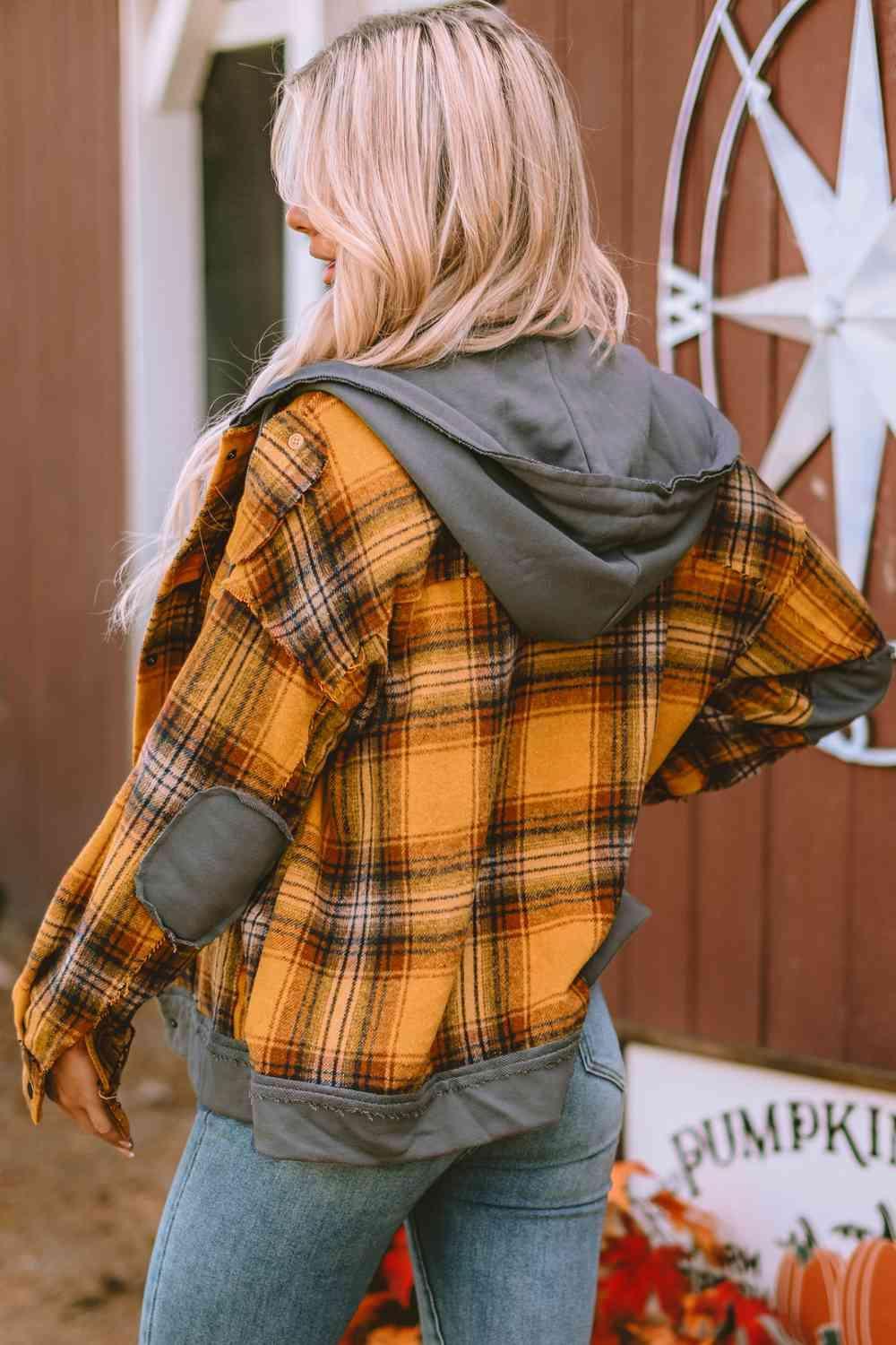 Cold In Style Snap Button Plaid Hooded Jacket-MXSTUDIO.COM