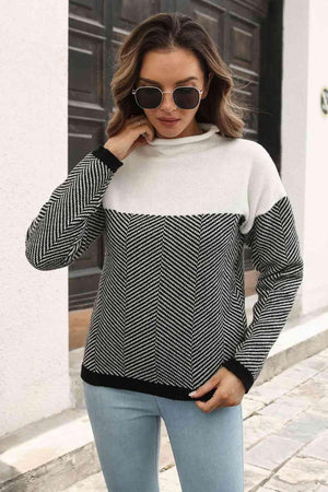 Cold Mood Color Block Mock Neck Sweater - MXSTUDIO.COM