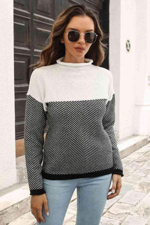 Cold Mood Color Block Mock Neck Sweater - MXSTUDIO.COM