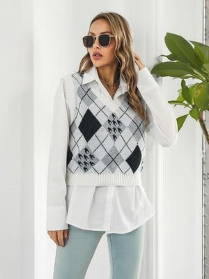 Cold Safe V-Neck Argyle Sweater Vest-MXSTUDIO.COM