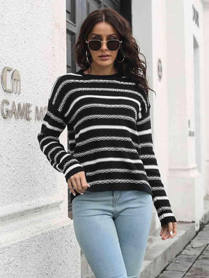 Cold Season In Style Long Sleeve Striped Sweater - MXSTUDIO.COM