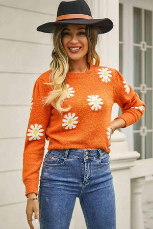 Cold Season Spirit Crew Neck Flower Sweater - MXSTUDIO.COM