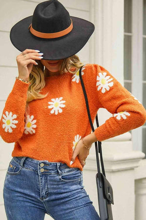 Cold Season Spirit Crew Neck Flower Sweater - MXSTUDIO.COM