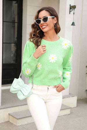 Cold Season Spirit Crew Neck Flower Sweater - MXSTUDIO.COM