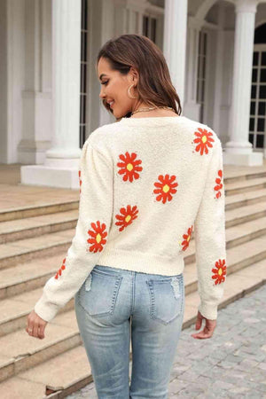 Cold Season Spirit Crew Neck Flower Sweater - MXSTUDIO.COM