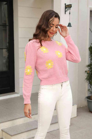 Cold Season Spirit Crew Neck Flower Sweater - MXSTUDIO.COM