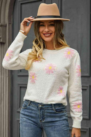 Cold Season Spirit Crew Neck Flower Sweater - MXSTUDIO.COM