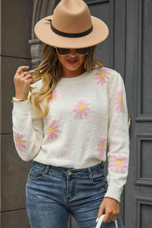 Cold Season Spirit Crew Neck Flower Sweater - MXSTUDIO.COM