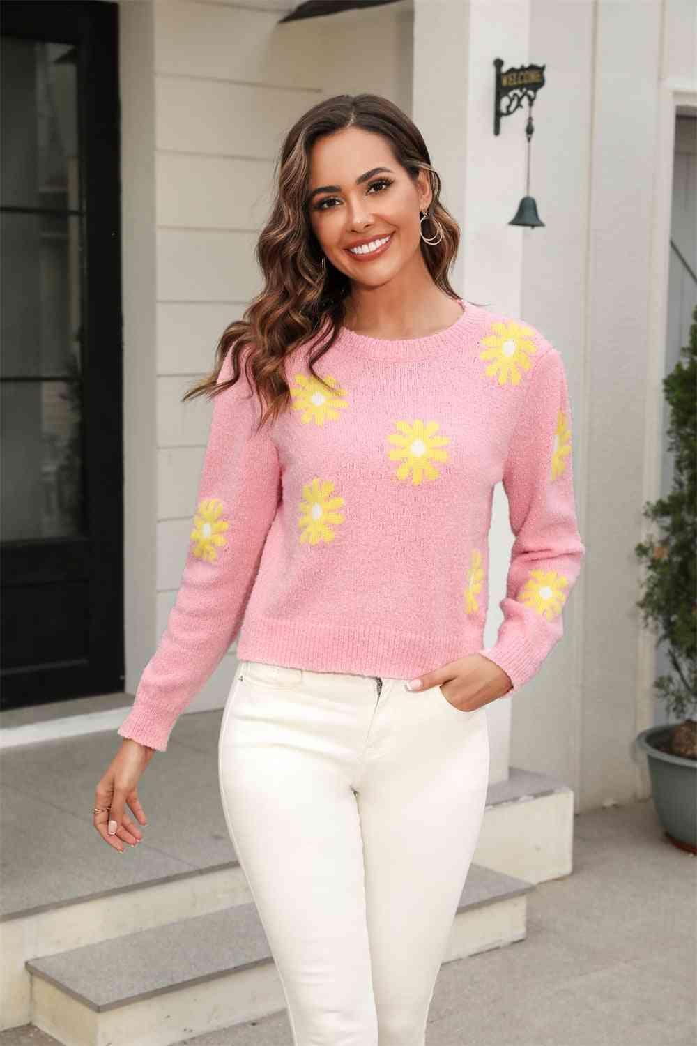 Cold Season Spirit Crew Neck Flower Sweater - MXSTUDIO.COM