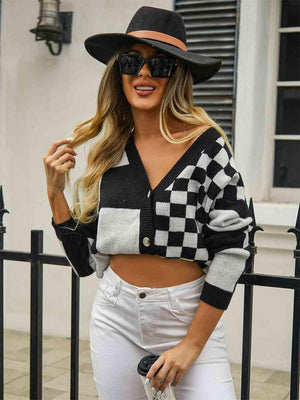Cold Season Zest V-Neck Checkered Cardigan - MXSTUDIO.COM