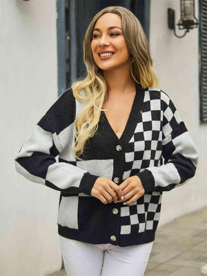 Cold Season Zest V-Neck Checkered Cardigan - MXSTUDIO.COM