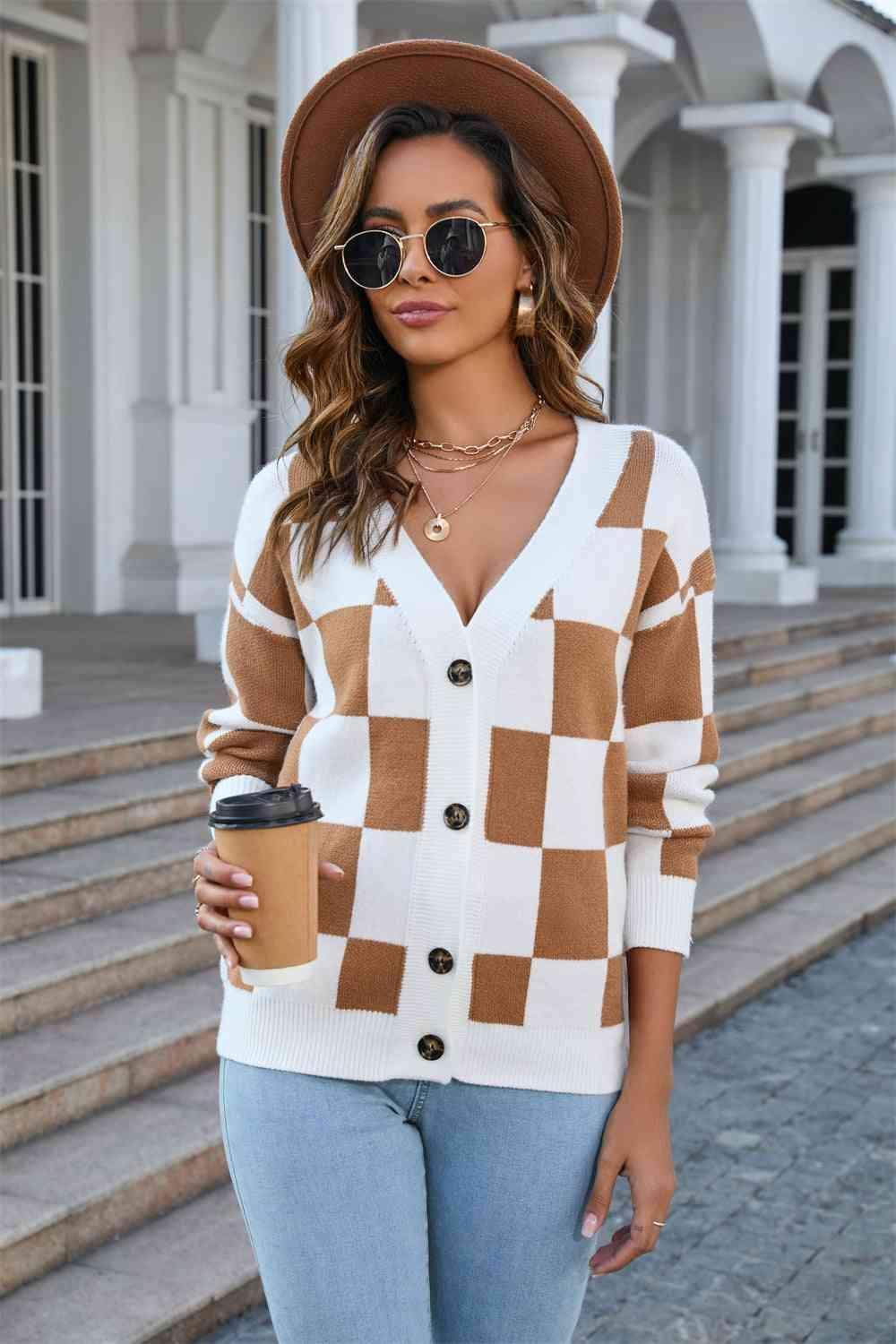 Cold Weather Confidence Button Up Checkered Cardigan - MXSTUDIO.COM