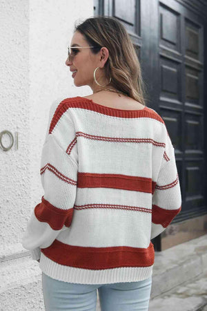 Cold Weather Look Striped V Neck Sweater - MXSTUDIO.COM
