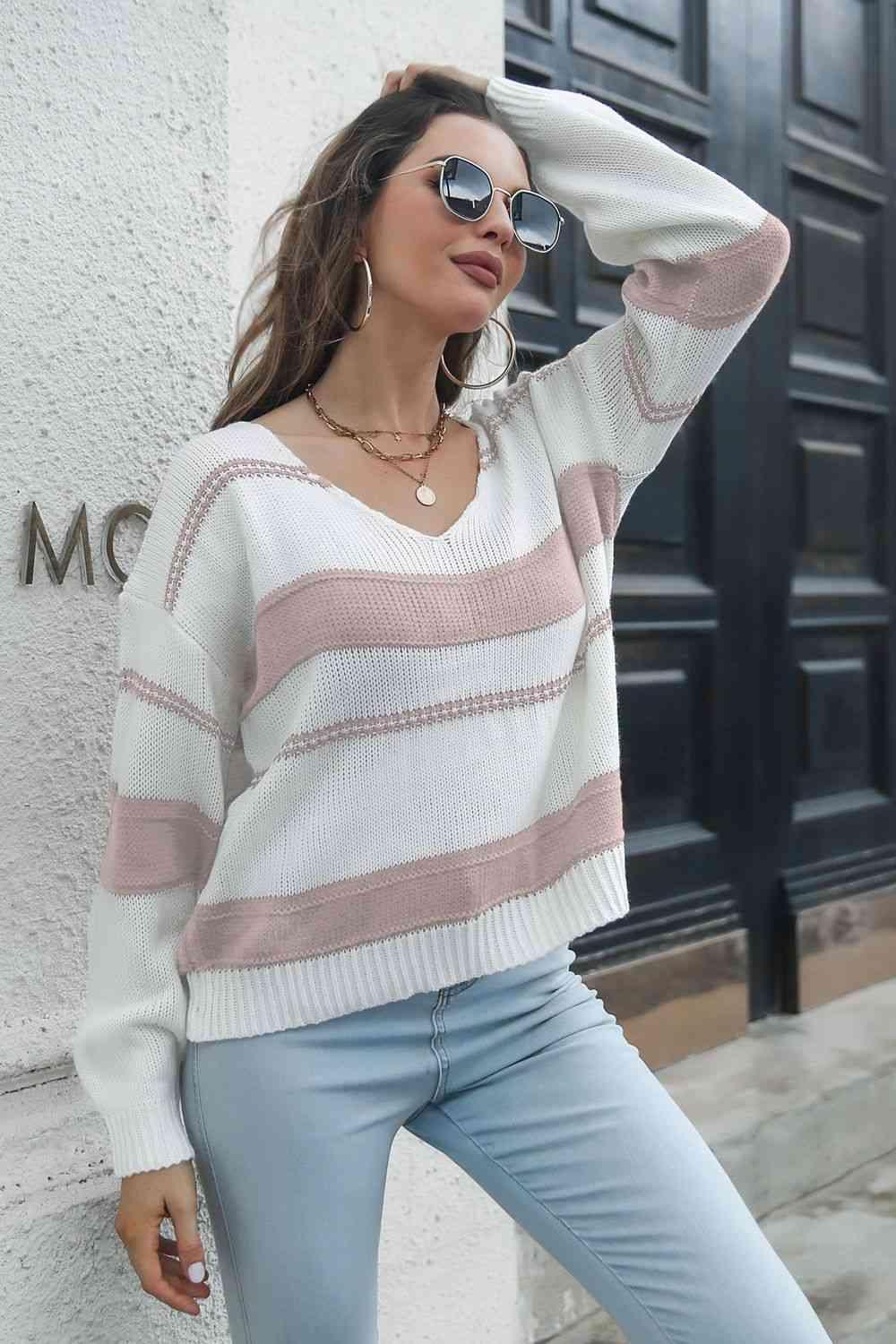 Cold Weather Look Striped V Neck Sweater - MXSTUDIO.COM