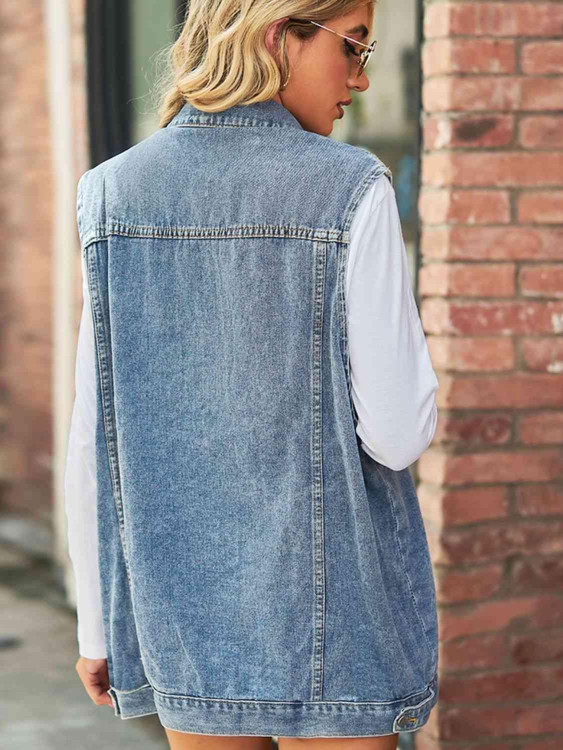 Collared Buttoned Oversized Denim Vest - MXSTUDIO.COM