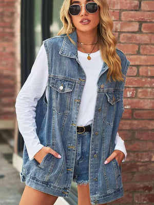 Collared Buttoned Oversized Denim Vest - MXSTUDIO.COM