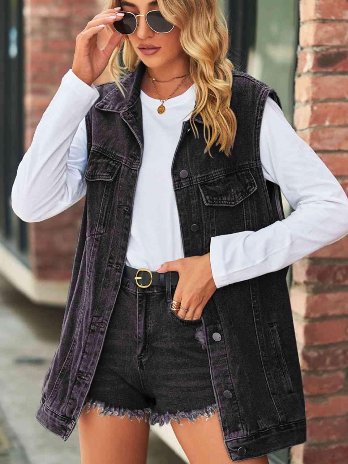 Collared Buttoned Oversized Denim Vest - MXSTUDIO.COM