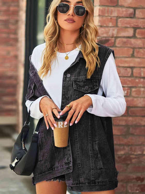 Collared Buttoned Oversized Denim Vest - MXSTUDIO.COM