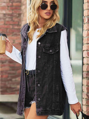 Collared Buttoned Oversized Denim Vest - MXSTUDIO.COM