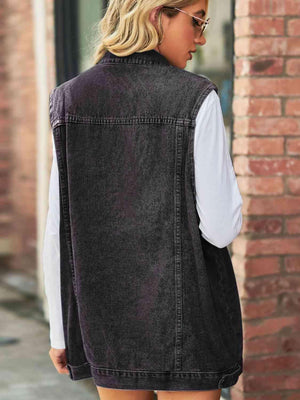 Collared Buttoned Oversized Denim Vest - MXSTUDIO.COM