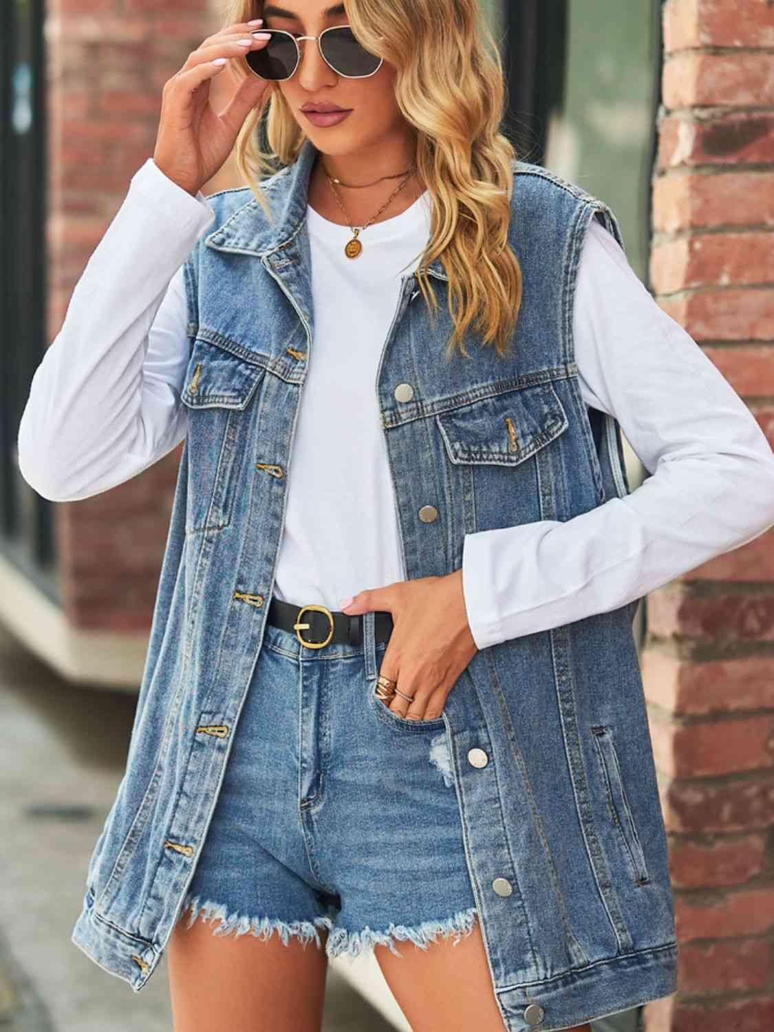 Collared Buttoned Oversized Denim Vest - MXSTUDIO.COM