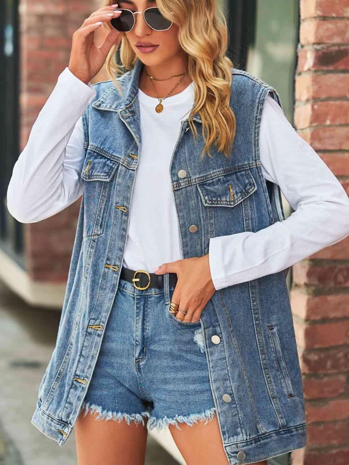 Collared Buttoned Oversized Denim Vest - MXSTUDIO.COM