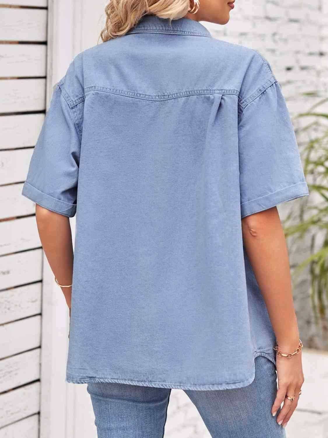 Collared Neck Short Sleeve Denim Shirt - MXSTUDIO.COM