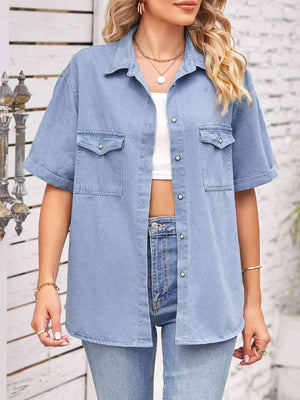 Collared Neck Short Sleeve Denim Shirt - MXSTUDIO.COM