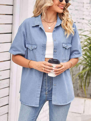 Collared Neck Short Sleeve Denim Shirt - MXSTUDIO.COM