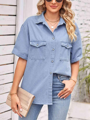 Collared Neck Short Sleeve Denim Shirt - MXSTUDIO.COM